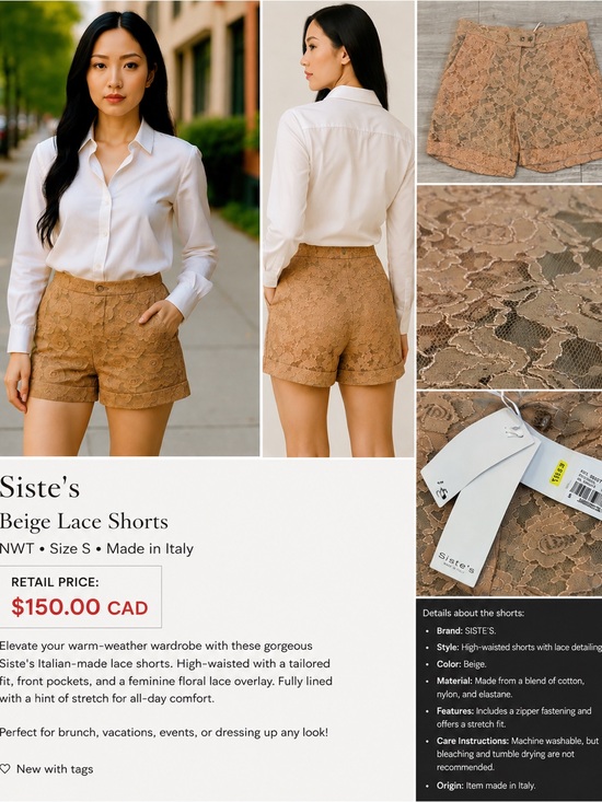 Pants - NWT Siste’s Beige Floral Lace High-Waist Shorts Made in Italy Size S